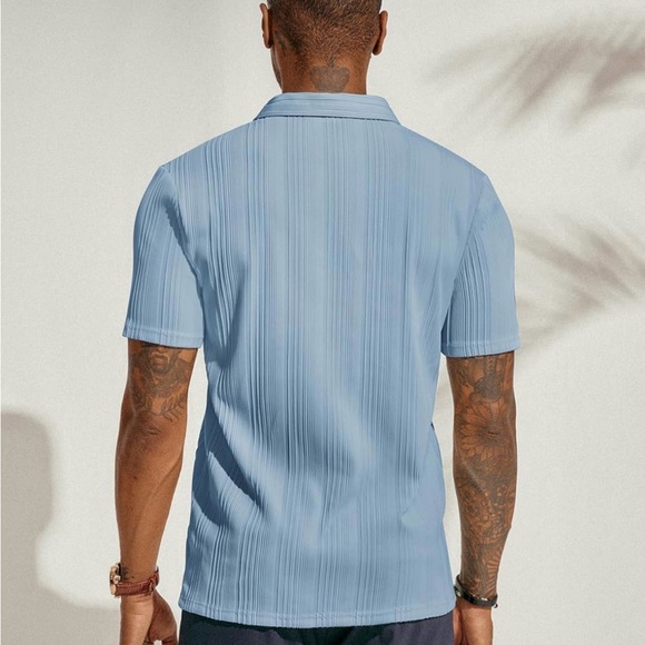 PAUL JONES Mens Textured Knit Polo Shirt Light Blue Stretchy Golf Shirt Lg NWT - Picture 2 of 7